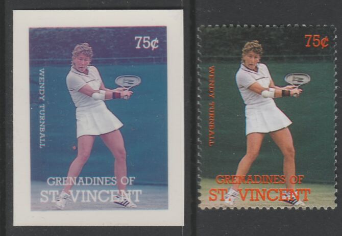 St Vincent - Grenadines 1988 International Tennis Players 75c Wendy Turnball die proof in magenta & cyan only on Cromalin plastic card (ex archives) complete with issued stamp (SG 584). Cromalin proofs are an essential part of the printing proces, produced in very limited numbers and rarely offered on the open market., stamps on , stamps on  stamps on sport  tennis