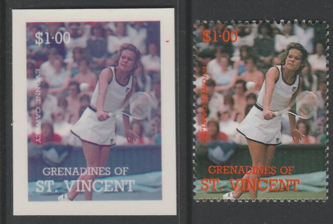 St Vincent - Grenadines 1988 International Tennis Players $1 Evonne Cawley die proof in magenta & cyan only on Cromalin plastic card (ex archives) complete with issued stamp (SG 585). Cromalin proofs are an essential part of the printing proces, produced in very limited numbers and rarely offered on the open market., stamps on , stamps on  stamps on sport  tennis