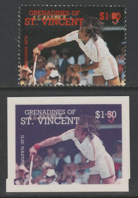 St Vincent - Grenadines 1988 International Tennis Players $1.50 Ilie Nastase die proof in magenta & cyan only on Cromalin plastic card (ex archives) complete with issued stamp (SG 586). Cromalin proofs are an essential part of the printing proces, produced in very limited numbers and rarely offered on the open market., stamps on , stamps on  stamps on sport  tennis