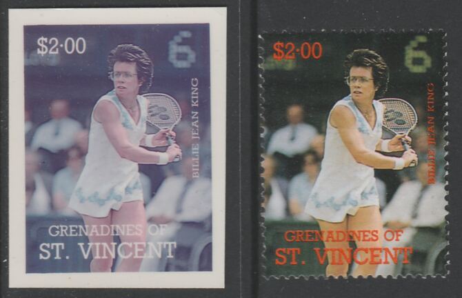 St Vincent - Grenadines 1988 International Tennis Players $2 Billie Jean King die proof in magenta & cyan only on Cromalin plastic card (ex archives) complete with issued..., stamps on sport  tennis
