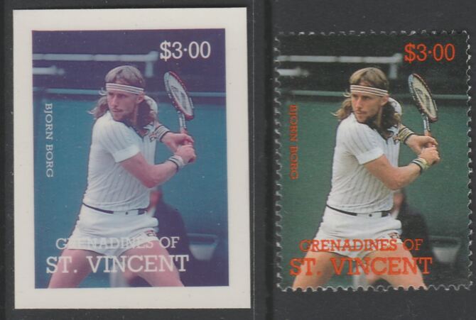St Vincent - Grenadines 1988 International Tennis Players $3 Bjorn Borg die proof in magenta & cyan only on Cromalin plastic card (ex archives) complete with issued stamp (SG 588). Cromalin proofs are an essential part of the printing proces, produced in very limited numbers and rarely offered on the open market., stamps on , stamps on  stamps on sport  tennis