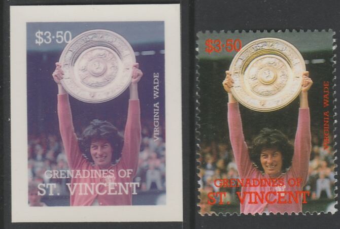 St Vincent - Grenadines 1988 International Tennis Players $3.50 Virginia Wade die proof in magenta & cyan only on Cromalin plastic card (ex archives) complete with issued..., stamps on sport  tennis