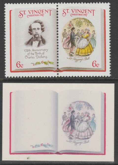 St Vincent 1987 Christmas - Charles Dickens 6c Mr Fezziwigs Ball se-tenant die proof in magenta & cyan only on Cromalin plastic card (ex archives) complete with issued pa..., stamps on christmas, stamps on literature, stamps on dickens, stamps on 