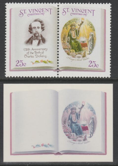 St Vincent 1987 Christmas - Charles Dickens 25c Scrooge's Third Visitor se-tenant die proof in magenta & cyan only on Cromalin plastic card (ex archives) complete with issued pair (SG 1118a). Cromalin proofs are an essential part of the printing proces, produced in very limited numbers and rarely offered on the open market., stamps on , stamps on  stamps on christmas, stamps on  stamps on literature, stamps on  stamps on dickens, stamps on  stamps on 