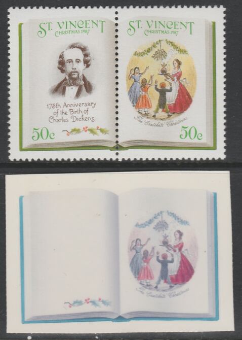 St Vincent 1987 Christmas - Charles Dickens 50c The Cratchits' Christmas se-tenant die proof in magenta & cyan only on Cromalin plastic card (ex archives) complete with issued pair (SG 1120a). Cromalin proofs are an essential part of the printing proces, produced in very limited numbers and rarely offered on the open market., stamps on , stamps on  stamps on christmas, stamps on  stamps on literature, stamps on  stamps on dickens, stamps on  stamps on 
