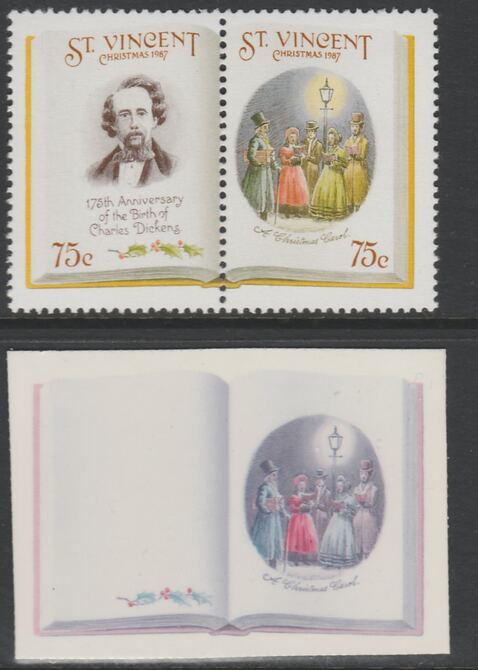 St Vincent 1987 Christmas - Charles Dickens 75c A Christmas Carol se-tenant die proof in magenta & cyan only on Cromalin plastic card (ex archives) complete with issued pair (SG 1122a). Cromalin proofs are an essential part of the printing proces, produced in very limited numbers and rarely offered on the open market., stamps on , stamps on  stamps on christmas, stamps on  stamps on literature, stamps on  stamps on dickens, stamps on  stamps on 
