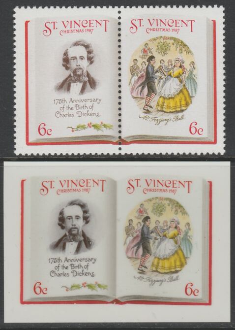 St Vincent 1987 Christmas - Charles Dickens 6c Mr Fezziwig's Ball se-tenant die proof in all 4 colours on Cromalin plastic card (ex archives) complete with issued pair (SG 1116a). Cromalin proofs are an essential part of the printing proces, produced in very limited numbers and rarely offered on the open market., stamps on , stamps on  stamps on christmas, stamps on  stamps on literature, stamps on  stamps on dickens, stamps on  stamps on 