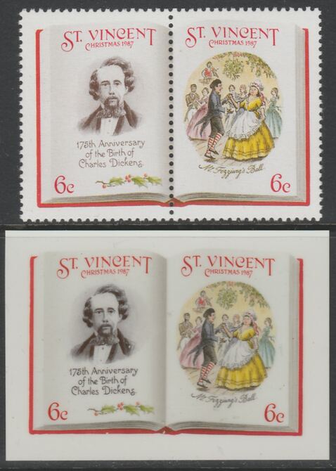 St Vincent 1987 Christmas - Charles Dickens 6c Mr Fezziwig's Ball se-tenant die proof in all 4 colours on Cromalin plastic card (ex archives) complete with issued pair (SG 1116a). Cromalin proofs are an essential part of the printing proces, produced in very limited numbers and rarely offered on the open market., stamps on , stamps on stamps on christmas, stamps on stamps on literature, stamps on stamps on dickens, stamps on stamps on