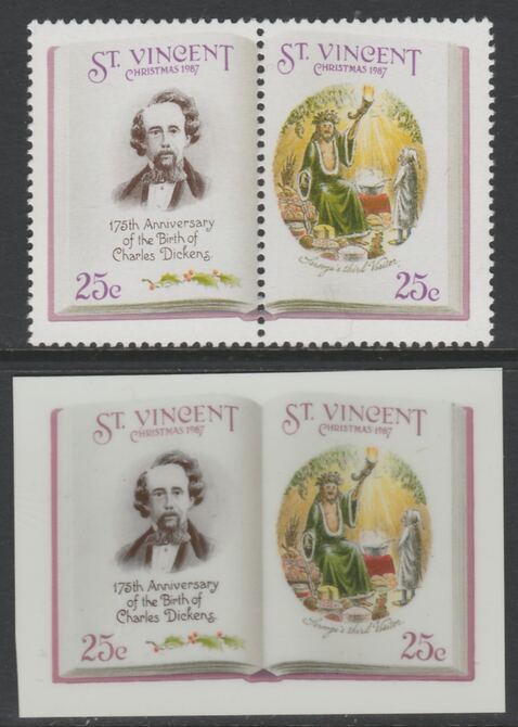 St Vincent 1987 Christmas - Charles Dickens 25c Scrooge's Third Visitor se-tenant die proof in all 4 colours on Cromalin plastic card (ex archives) complete with issued pair (SG 1118a). Cromalin proofs are an essential part of the printing proces, produced in very limited numbers and rarely offered on the open market., stamps on , stamps on  stamps on christmas, stamps on  stamps on literature, stamps on  stamps on dickens, stamps on  stamps on 