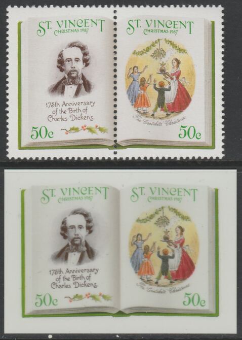 St Vincent 1987 Christmas - Charles Dickens 50c The Cratchits Christmas se-tenant die proof in all 4 colours on Cromalin plastic card (ex archives) complete with issued p..., stamps on christmas, stamps on literature, stamps on dickens, stamps on 