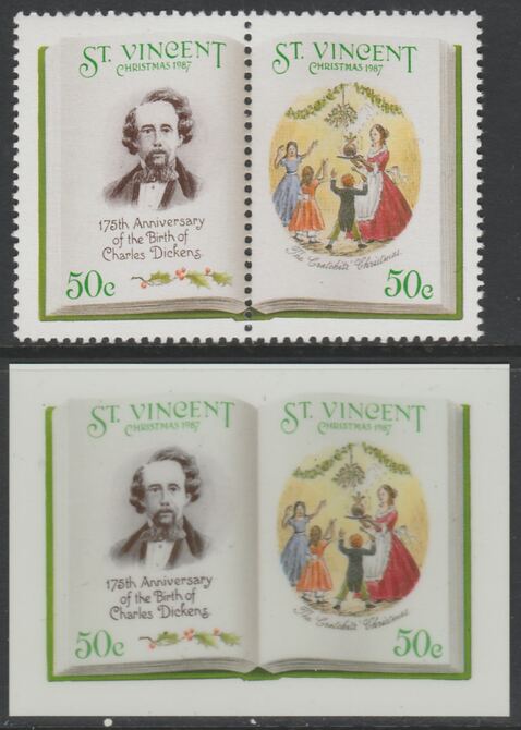 St Vincent 1987 Christmas - Charles Dickens 50c The Cratchits' Christmas se-tenant die proof in all 4 colours on Cromalin plastic card (ex archives) complete with issued pair (SG 1120a). Cromalin proofs are an essential part of the printing proces, produced in very limited numbers and rarely offered on the open market., stamps on , stamps on stamps on christmas, stamps on stamps on literature, stamps on stamps on dickens, stamps on stamps on