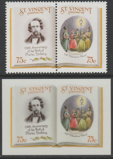 St Vincent 1987 Christmas - Charles Dickens 75c A Christmas Carol se-tenant die proof in all 4 colours on Cromalin plastic card (ex archives) complete with issued pair (S..., stamps on christmas, stamps on literature, stamps on dickens, stamps on 