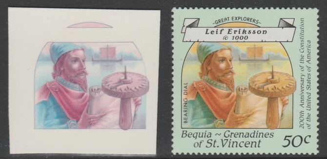 St Vincent - Bequia 1988 Explorers 50c Leif Eriksson die proof in magenta & cyan only on Cromalin plastic card (ex archives) complete with issued stamp. Cromalin proofs a..., stamps on explorers, stamps on personalities, stamps on ships