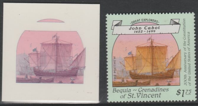 St Vincent - Bequia 1988 Explorers $1.75 John Cabots Matthew die proof in magenta & cyan only on Cromalin plastic card (ex archives) complete with issued stamp. Cromalin ..., stamps on explorers, stamps on personalities, stamps on ships