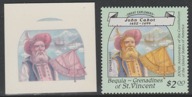 St Vincent - Bequia 1988 Explorers $2 John Cabot die proof in magenta & cyan only on Cromalin plastic card (ex archives) complete with issued stamp. Cromalin proofs are an essential part of the printing proces, produced in very limited numbers and rarely offered on the open market., stamps on , stamps on  stamps on explorers, stamps on  stamps on personalities, stamps on  stamps on ships