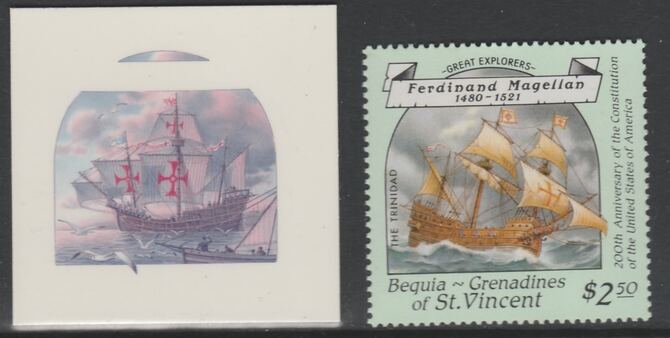 St Vincent - Bequia 1988 Explorers $2.50 Ferdinand Magellan's Ship The Trinidad die proof in magenta & cyan only on Cromalin plastic card (ex archives) complete with issued stamp. Cromalin proofs are an essential part of the printing proces, produced in very limited numbers and rarely offered on the open market., stamps on explorers, stamps on personalities, stamps on ships