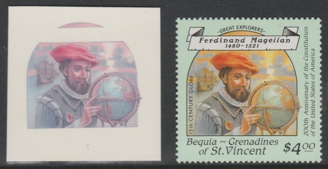 St Vincent - Bequia 1988 Explorers $4 Ferdinand Magellan die proof in magenta & cyan only on Cromalin plastic card (ex archives) complete with issued stamp. Cromalin proofs are an essential part of the printing proces, produced in very limited numbers and rarely offered on the open market., stamps on , stamps on  stamps on explorers, stamps on  stamps on personalities, stamps on  stamps on ships