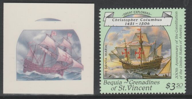 St Vincent - Bequia 1988 Explorers $3.50 Christopher Columbus' Santa Maria die proof in magenta & cyan only on Cromalin plastic card (ex archives) complete with issued stamp. Cromalin proofs are an essential part of the printing proces, produced in very limited numbers and rarely offered on the open market., stamps on , stamps on  stamps on explorers, stamps on  stamps on personalities, stamps on  stamps on ships, stamps on  stamps on columbus