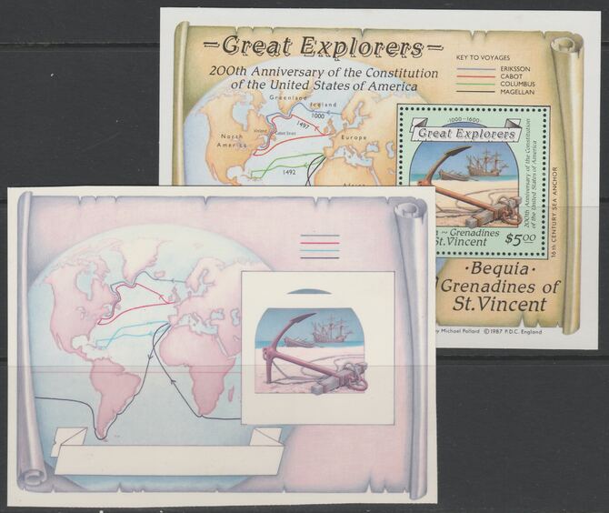 St Vincent - Bequia 1988 Explorers $5 m/sheet die proof in magenta & cyan only on Cromalin plastic card (ex archives) complete with issued m/sheet. Cromalin proofs are an..., stamps on explorers, stamps on personalities, stamps on ships, stamps on columbus