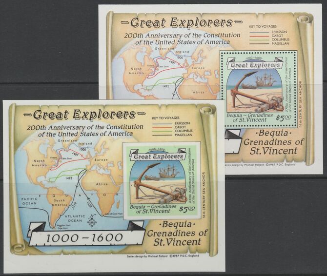 St Vincent - Bequia 1988 Explorers $5 m/sheet die proof in all 4 colours on Cromalin plastic card (ex archives) complete with issued m/sheet. Cromalin proofs are an essen..., stamps on explorers, stamps on personalities, stamps on ships, stamps on columbus