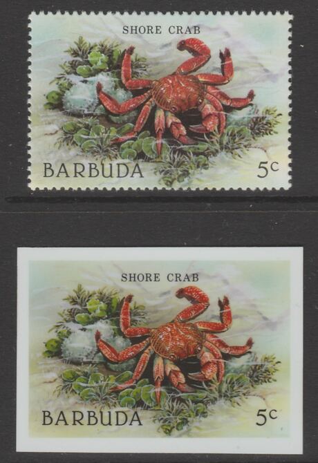 Barbuda 1987 Marine Life 5c Shore Crab die proof in all 4 colours on Cromalin plastic card complete with issued stamp (SG 960). Cromalin proofs are an essential part of the printing proces, produced in very limited numbers and rarely offered on the open market., stamps on , stamps on  stamps on marine life, stamps on  stamps on fish.crabs