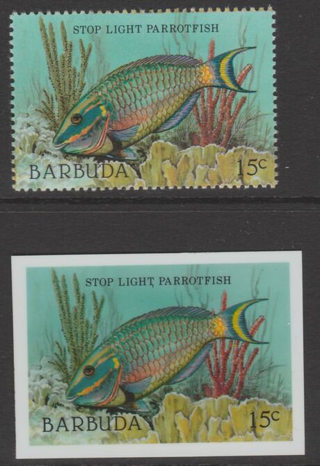 Barbuda 1987 Marine Life 15c Parrotfish die proof in all 4 colours on Cromalin plastic card complete with issued stamp (SG 962). Cromalin proofs are an essential part of the printing proces, produced in very limited numbers and rarely offered on the open market., stamps on , stamps on stamps on marine life, stamps on stamps on fish.