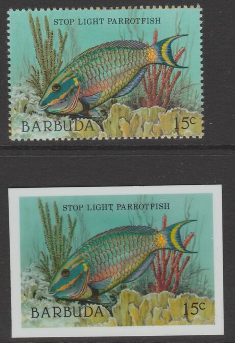 Barbuda 1987 Marine Life 15c Parrotfish die proof in all 4 colours on Cromalin plastic card complete with issued stamp (SG 962). Cromalin proofs are an essential part of the printing proces, produced in very limited numbers and rarely offered on the open market., stamps on , stamps on  stamps on marine life, stamps on  stamps on fish.