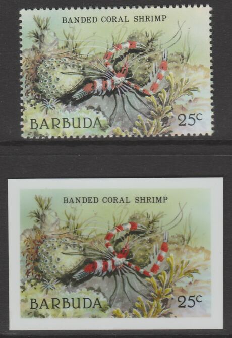 Barbuda 1987 Marine Life 25c Banded Coral Shrimp die proof in all 4 colours on Cromalin plastic card complete with issued stamp (SG 963). Cromalin proofs are an essential part of the printing proces, produced in very limited numbers and rarely offered on the open market., stamps on , stamps on  stamps on marine life, stamps on  stamps on fish.