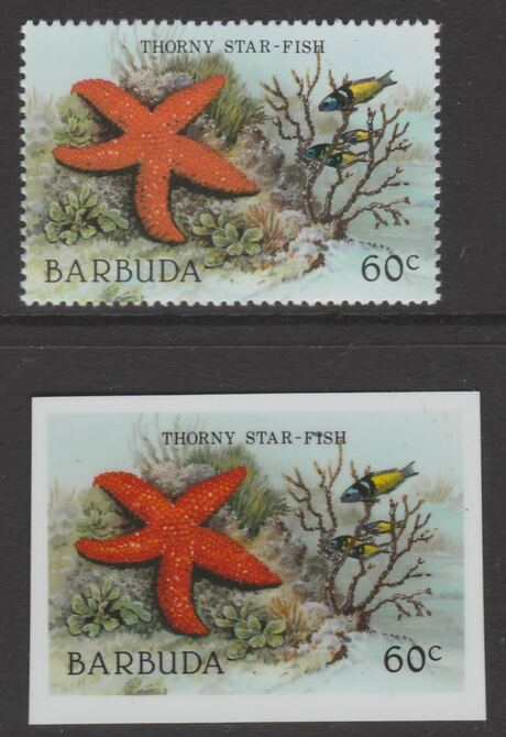 Barbuda 1987 Marine Life 60c Thorny Starfish die proof in all 4 colours on Cromalin plastic card complete with issued stamp (SG 965). Cromalin proofs are an essential part of the printing proces, produced in very limited numbers and rarely offered on the open market., stamps on , stamps on  stamps on marine life, stamps on  stamps on fish.