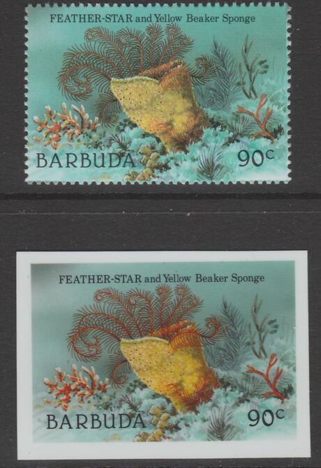 Barbuda 1987 Marine Life 90c Feather Star & Sponge die proof in all 4 colours on Cromalin plastic card complete with issued stamp (SG 967). Cromalin proofs are an essential part of the printing proces, produced in very limited numbers and rarely offered on the open market., stamps on , stamps on  stamps on marine life, stamps on  stamps on fish.