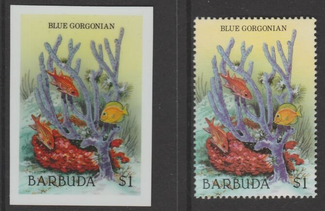 Barbuda 1987 Marine Life $1 Blue Gorgonian die proof in all 4 colours on Cromalin plastic card complete with issued stamp (SG 968). Cromalin proofs are an essential part of the printing proces, produced in very limited numbers and rarely offered on the open market., stamps on , stamps on stamps on marine life, stamps on stamps on fish.