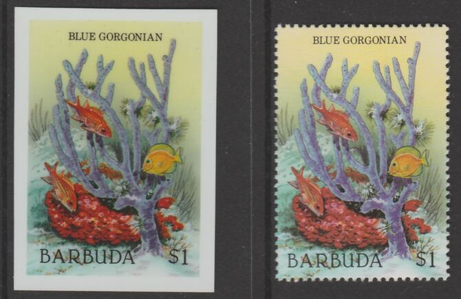 Barbuda 1987 Marine Life $1 Blue Gorgonian die proof in all 4 colours on Cromalin plastic card complete with issued stamp (SG 968). Cromalin proofs are an essential part of the printing proces, produced in very limited numbers and rarely offered on the open market., stamps on , stamps on  stamps on marine life, stamps on  stamps on fish.