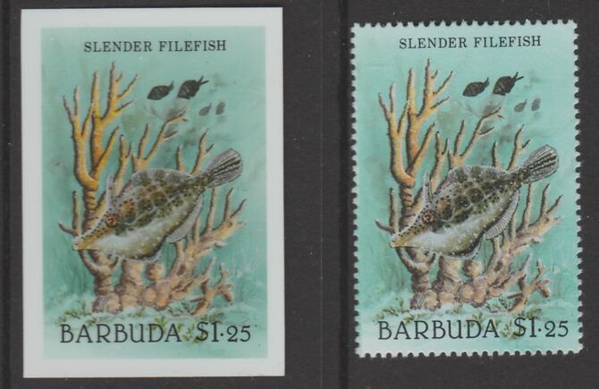 Barbuda 1987 Marine Life $1.25 Slender Filefish die proof in all 4 colours on Cromalin plastic card complete with issued stamp (SG 969). Cromalin proofs are an essential part of the printing proces, produced in very limited numbers and rarely offered on the open market., stamps on , stamps on  stamps on marine life, stamps on  stamps on fish.