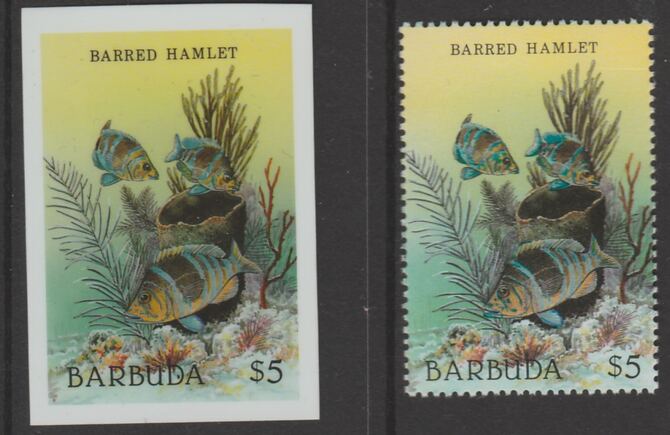 Barbuda 1987 Marine Life $5 Barred Hamlet die proof in all 4 colours on Cromalin plastic card complete with issued stamp (SG 970). Cromalin proofs are an essential part of the printing proces, produced in very limited numbers and rarely offered on the open market., stamps on , stamps on stamps on marine life, stamps on stamps on fish.