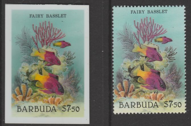 Barbuda 1987 Marine Life $7.50 Royal Gramma die proof in all 4 colours on Cromalin plastic card complete with issued stamp (SG 971). Cromalin proofs are an essential part of the printing proces, produced in very limited numbers and rarely offered on the open market., stamps on , stamps on  stamps on marine life, stamps on  stamps on fish.