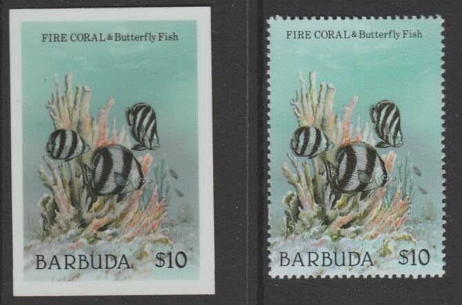 Barbuda 1987 Marine Life $10 Fure Coral die proof in all 4 colours on Cromalin plastic card complete with issued stamp (SG 972). Cromalin proofs are an essential part of the printing proces, produced in very limited numbers and rarely offered on the open market., stamps on , stamps on stamps on marine life, stamps on stamps on fish.coral