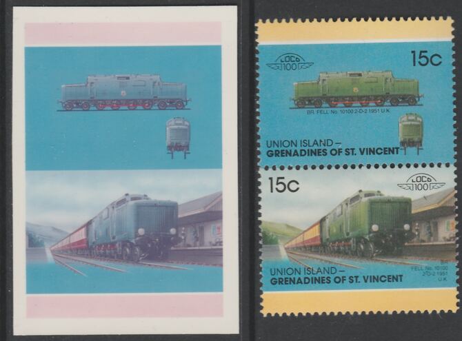 St Vincent - Union Island 1987 Locomotives #7 (Leaders of the World) 15c Fell Class Diesel se-tenant imperf die proof in magenta & cyan only on Cromalin plastic card (ex archives) complete with issued pair. Cromalin proofs are an essential part of the printing proces, produced in very limited numbers and rarely offered on the open market., stamps on , stamps on  stamps on railways