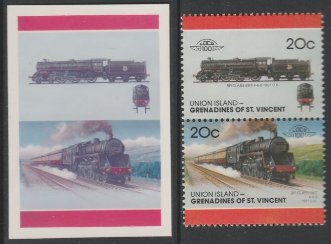 St Vincent - Union Island 1987 Locomotives #7 (Leaders of the World) 20c BR Class 5MT se-tenant imperf die proof in magenta & cyan only on Cromalin plastic card (ex archives) complete with issued pair. Cromalin proofs are an essential part of the printing proces, produced in very limited numbers and rarely offered on the open market., stamps on , stamps on  stamps on railways