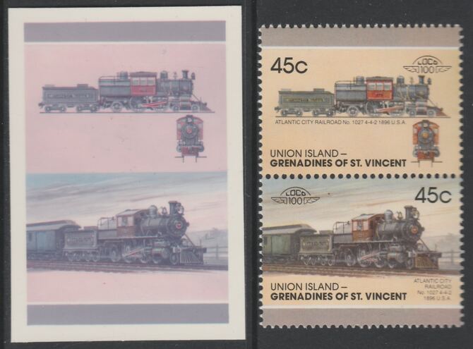 St Vincent - Union Island 1987 Locomotives #7 (Leaders of the World) 45c Atlantic City Railroad se-tenant imperf die proof in magenta & cyan only on Cromalin plastic card (ex archives) complete with issued pair. Cromalin proofs are an essential part of the printing proces, produced in very limited numbers and rarely offered on the open market., stamps on , stamps on  stamps on railways