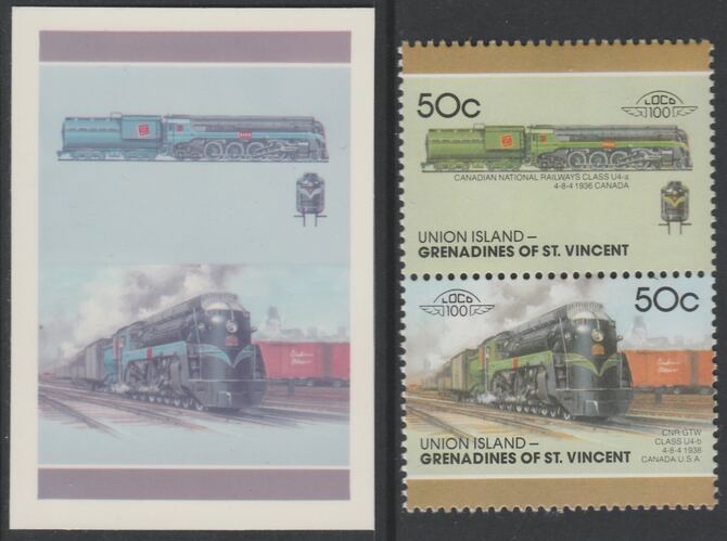 St Vincent - Union Island 1987 Locomotives #7 (Leaders of the World) 50c Canadian National Class U4-a se-tenant imperf die proof in magenta & cyan only on Cromalin plastic card (ex archives) complete with issued pair. Cromalin proofs are an essential part of the printing proces, produced in very limited numbers and rarely offered on the open market., stamps on , stamps on stamps on railways