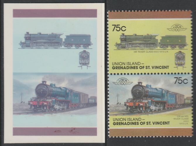 St Vincent - Union Island 1987 Locomotives #7 (Leaders of the World) 75c HR River Class se-tenant imperf die proof in magenta & cyan only on Cromalin plastic card (ex archives) complete with issued pair. Cromalin proofs are an essential part of the printing proces, produced in very limited numbers and rarely offered on the open market., stamps on , stamps on stamps on railways