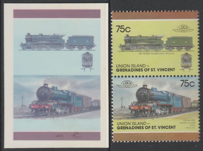 St Vincent - Union Island 1987 Locomotives #7 (Leaders of the World) 75c HR River Class se-tenant imperf die proof in magenta & cyan only on Cromalin plastic card (ex archives) complete with issued pair. Cromalin proofs are an essential part of the printing proces, produced in very limited numbers and rarely offered on the open market., stamps on , stamps on  stamps on railways