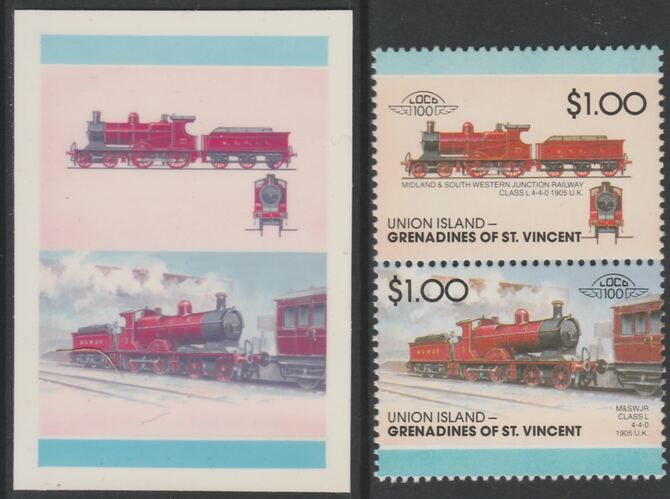 St Vincent - Union Island 1987 Locomotives #7 (Leaders of the World) $1 Midland & South Western Junction se-tenant imperf die proof in magenta & cyan only on Cromalin plastic card (ex archives) complete with issued pair. Cromalin proofs are an essential part of the printing proces, produced in very limited numbers and rarely offered on the open market., stamps on , stamps on  stamps on railways