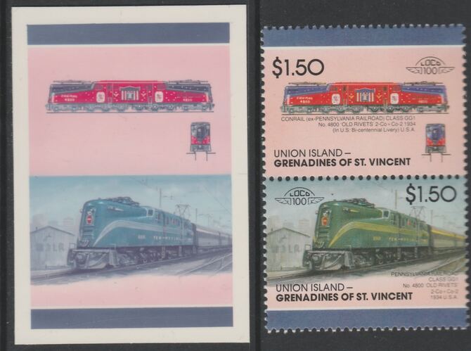 St Vincent - Union Island 1987 Locomotives #7 (Leaders of the World) $1.50 Conrail Class GG1 se-tenant imperf die proof in magenta & cyan only on Cromalin plastic card (ex archives) complete with issued pair. Cromalin proofs are an essential part of the printing proces, produced in very limited numbers and rarely offered on the open market., stamps on , stamps on  stamps on railways