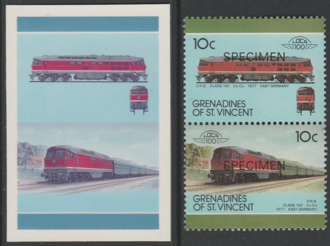 St Vincent - Grenadines 1987 Locomotives #8 (Leaders of the World) 10c DRB Class 142 se-tenant imperf die proof in magenta & cyan only on Cromalin plastic card (ex archives) complete with issued SPECIMEN pair. (SG 520a). Cromalin proofs are an essential part of the printing proces, produced in very limited numbers and rarely offered on the open market., stamps on , stamps on stamps on railways