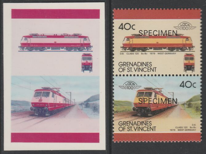 St Vincent - Grenadines 1987 Locomotives #8 (Leaders of the World) 40c DB Class 120 se-tenant imperf die proof in magenta & cyan only on Cromalin plastic card (ex archives) complete with issued SPECIMEN pair. (SG 522a). Cromalin proofs are an essential part of the printing proces, produced in very limited numbers and rarely offered on the open market., stamps on , stamps on  stamps on railways