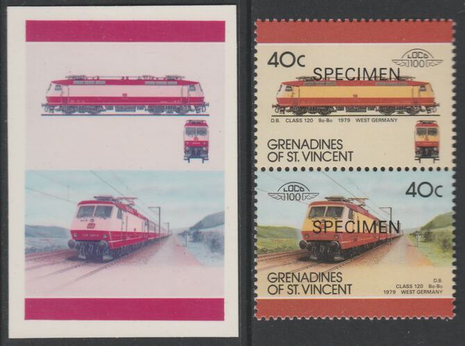 St Vincent - Grenadines 1987 Locomotives #8 (Leaders of the World) 40c DB Class 120 se-tenant imperf die proof in magenta & cyan only on Cromalin plastic card (ex archives) complete with issued SPECIMEN pair. (SG 522a). Cromalin proofs are an essential part of the printing proces, produced in very limited numbers and rarely offered on the open market., stamps on , stamps on stamps on railways