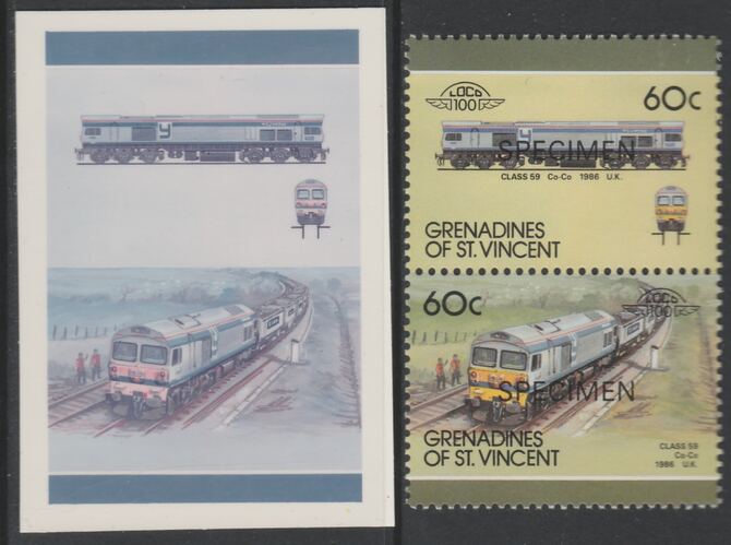 St Vincent - Grenadines 1987 Locomotives #8 (Leaders of the World) 60c UK Class 59 se-tenant imperf die proof in magenta & cyan only on Cromalin plastic card (ex archives) complete with issued SPECIMEN pair. (SG 526a). Cromalin proofs are an essential part of the printing proces, produced in very limited numbers and rarely offered on the open market., stamps on , stamps on stamps on railways