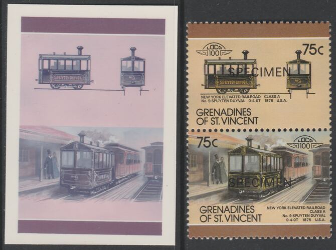 St Vincent - Grenadines 1987 Locomotives #8 (Leaders of the World) 75c New York Elevated Class A se-tenant imperf die proof in magenta & cyan only on Cromalin plastic card (ex archives) complete with issued SPECIMEN pair. (SG 528a). Cromalin proofs are an essential part of the printing proces, produced in very limited numbers and rarely offered on the open market., stamps on , stamps on stamps on railways