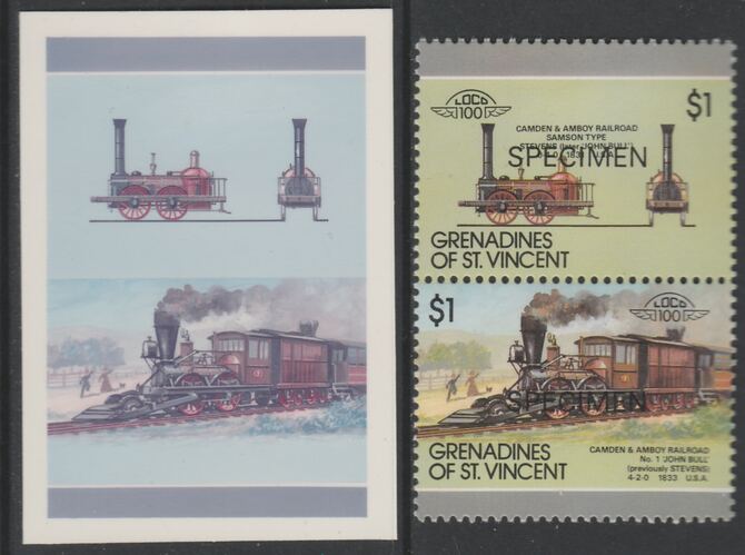 St Vincent - Grenadines 1987 Locomotives #8 (Leaders of the World) $1 Camden & Amboy No.1 se-tenant imperf die proof in magenta & cyan only on Cromalin plastic card (ex archives) complete with issued SPECIMEN pair. (SG 530a). Cromalin proofs are an essential part of the printing proces, produced in very limited numbers and rarely offered on the open market., stamps on , stamps on stamps on railways